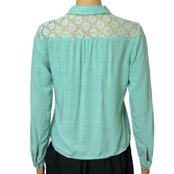 VTG Charlotte Russe Womens M Turquoise‎ Lace Long Sleeve Button Up Shirt Blouse - Picture 7 of 10